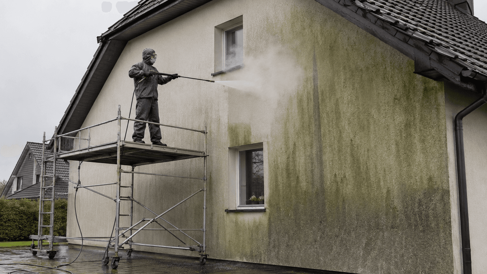 Mycie ciśnieniowe gorącowodne elewacji - Kärcher HDS 120 bar w pracy STmaster