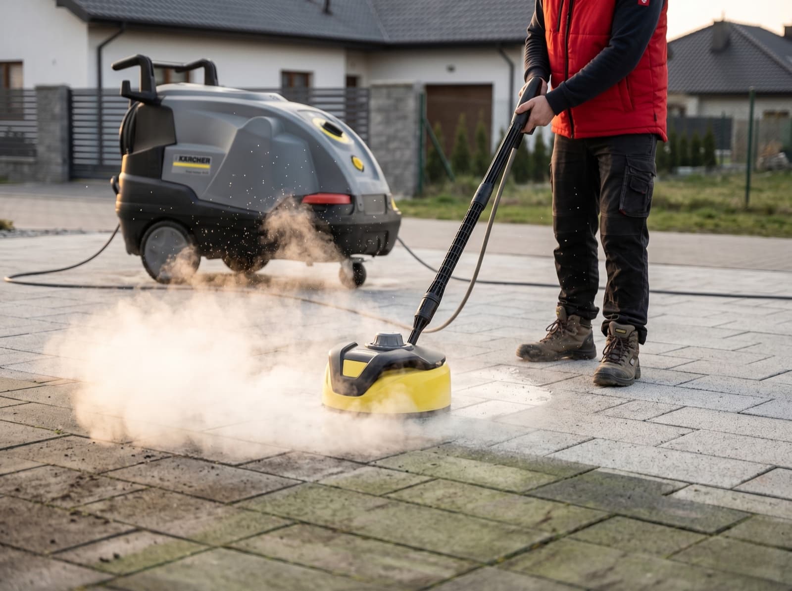 Profesjonalne mycie kostki brukowej myjką gorącowodną Kärcher HDS 80-90°C w Szczecinie - realizacja STmaster po katastrofie myjki z marketu