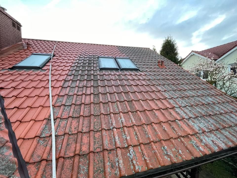Softwashing elewacji - efekt przed i po w jednym kadrze, realizacja STmaster Goleniów