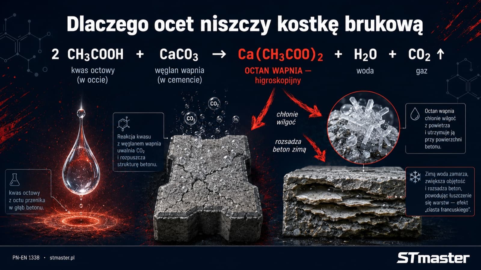Infografika reakcji chemicznej kwasu octowego z węglanem wapnia w kostce brukowej - 2 CH3COOH + CaCO3 → Ca(CH3COO)2 + H2O + CO2 - dlaczego ocet niszczy spoiwo cementowe