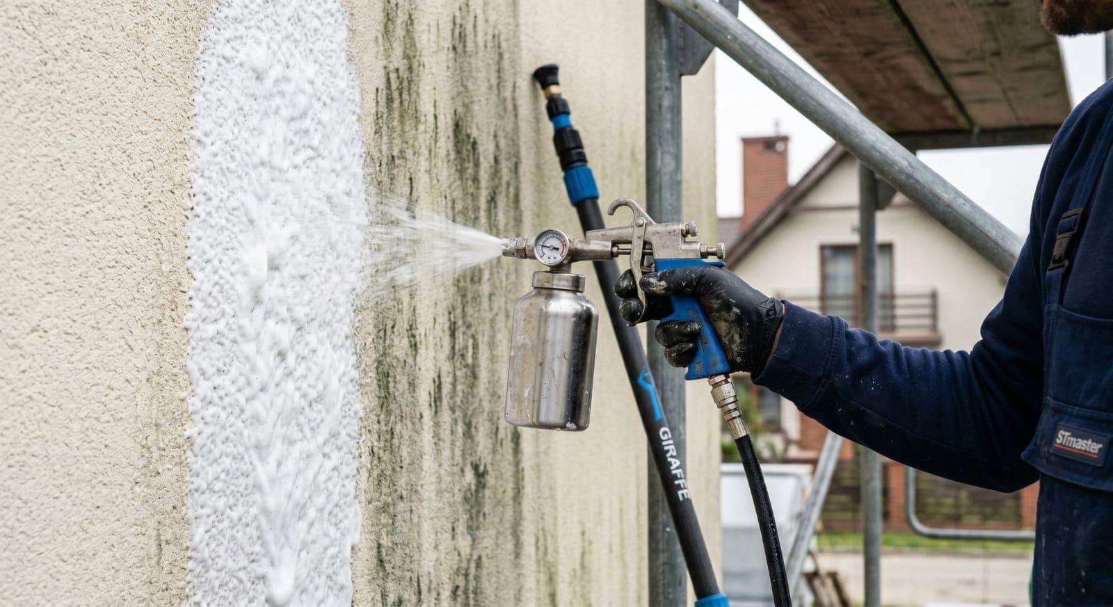 Softwashing w trakcie pracy - dach po umyciu, sprzęt do aplikacji chemii biobójczej, rusztowanie systemowe ekipy STmaster