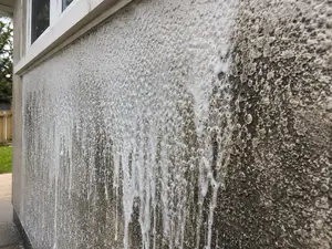 Piana biobójcza naniesiona na ocieploną elewację — softwashing tynku cienkowarstwowego, realizacja STmaster